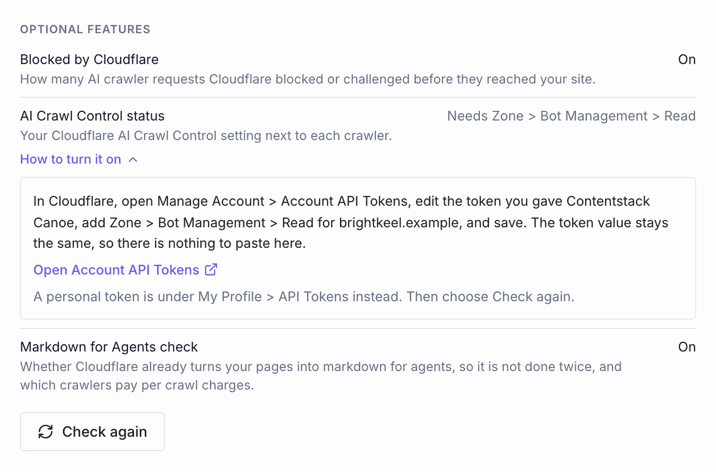 Optional features on the Cloudflare card: Blocked by Cloudflare on, AI Crawl Control status needing Zone > Bot Management > Read with the steps to add it, Markdown for Agents check on, and Check again.