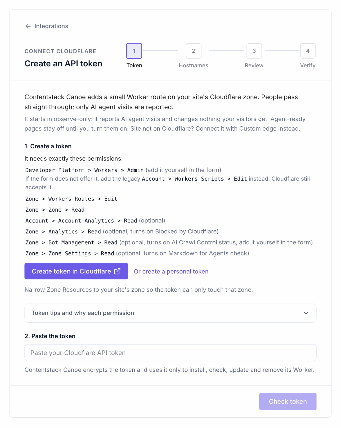 Connect Cloudflare, step 1 of 4: the permissions the token needs, Create token in Cloudflare, Token tips and why each permission, and the field to paste the token.