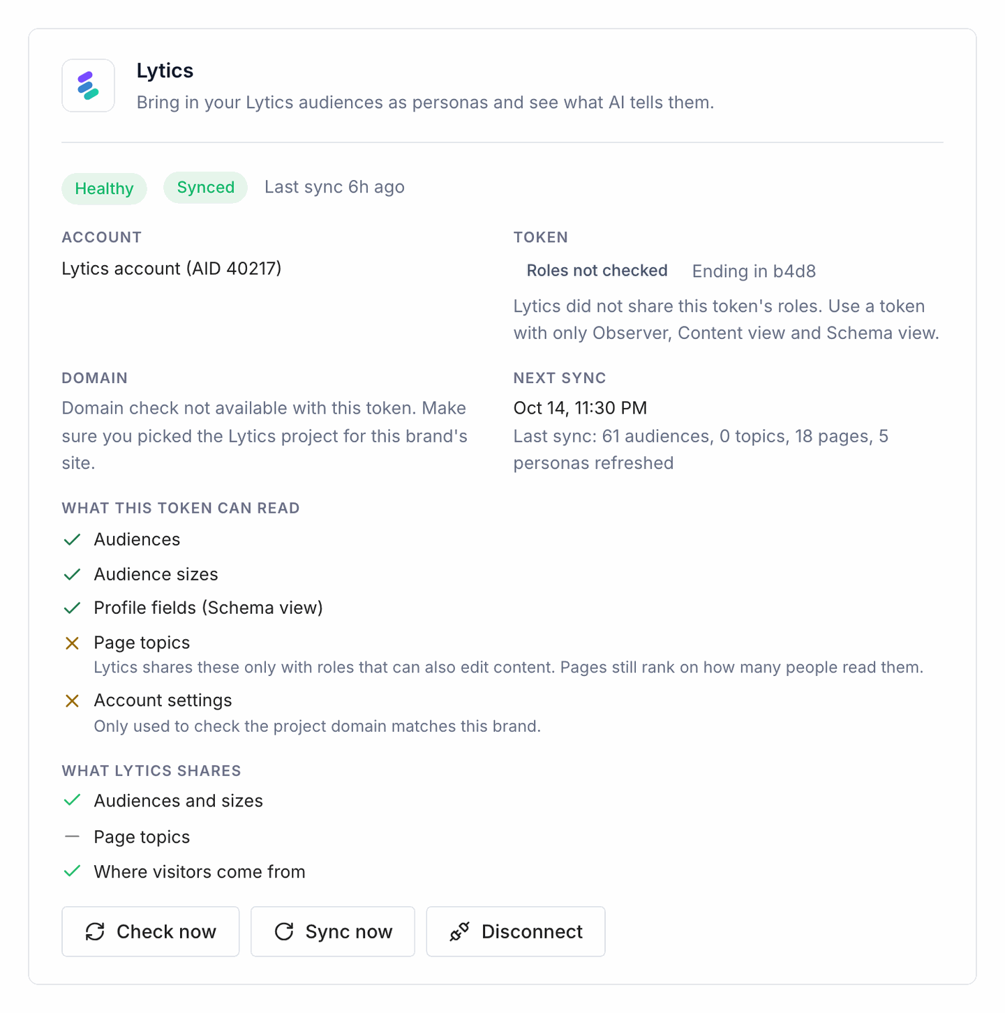 The connected Lytics card: Healthy and Synced, the account, token roles, domain check, next sync and what the token can read.