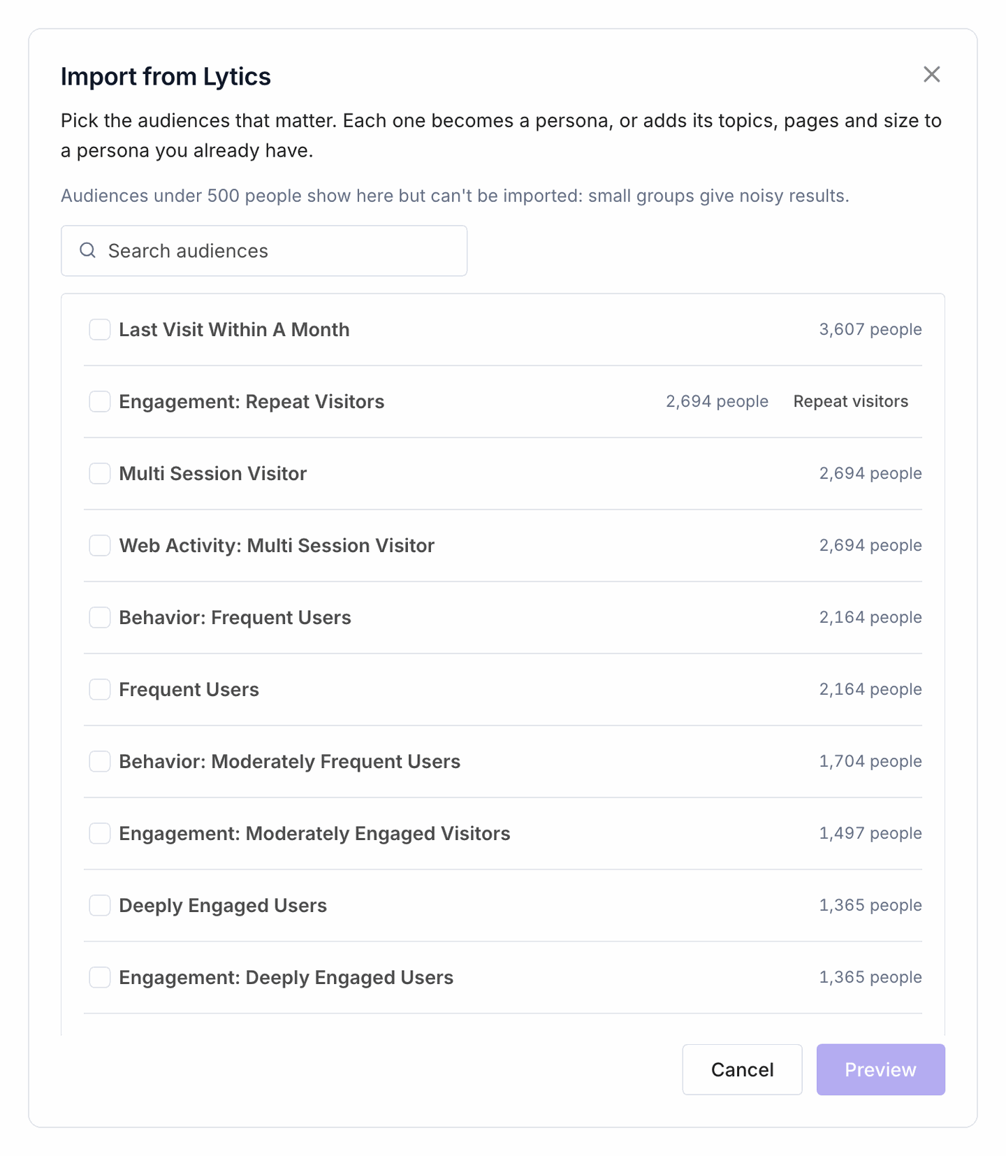 Import from Lytics: a searchable list of audiences with their sizes, and Preview.